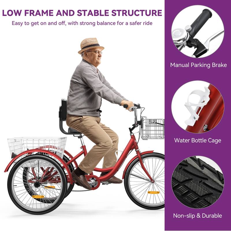 26" Blue Adult Tricycle 3 Wheel Bikes with Removable Baskets