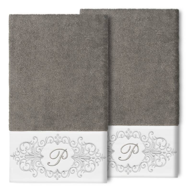 Authentic Hotel and Spa 100% Turkish Cotton Monica 2PC Embellished Bath Towel Set - P - Dark Gray