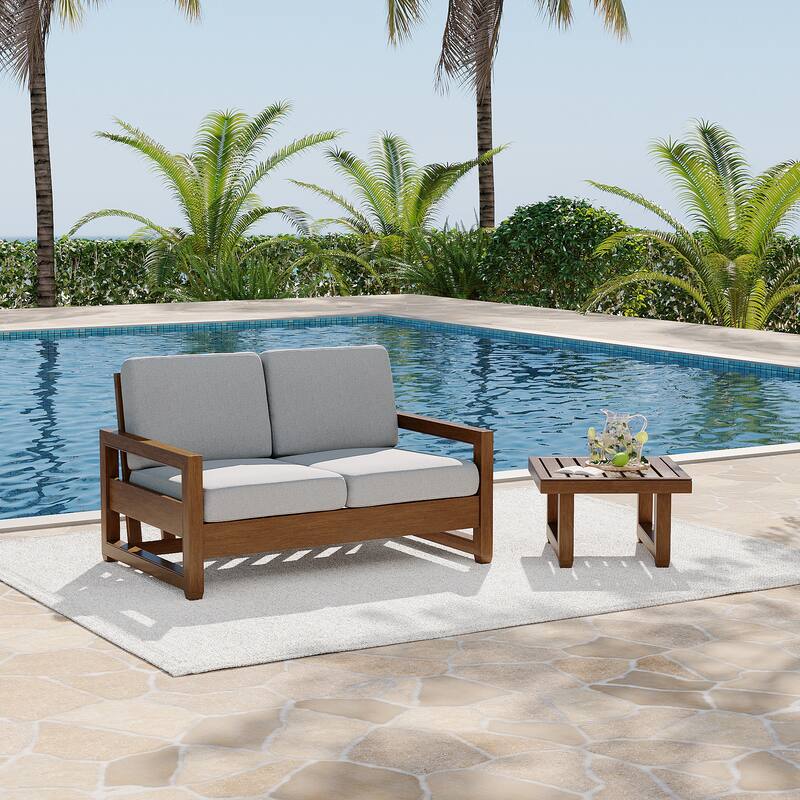 Teak Loveseat Patio Set with Cushions and Table (2-Piece)