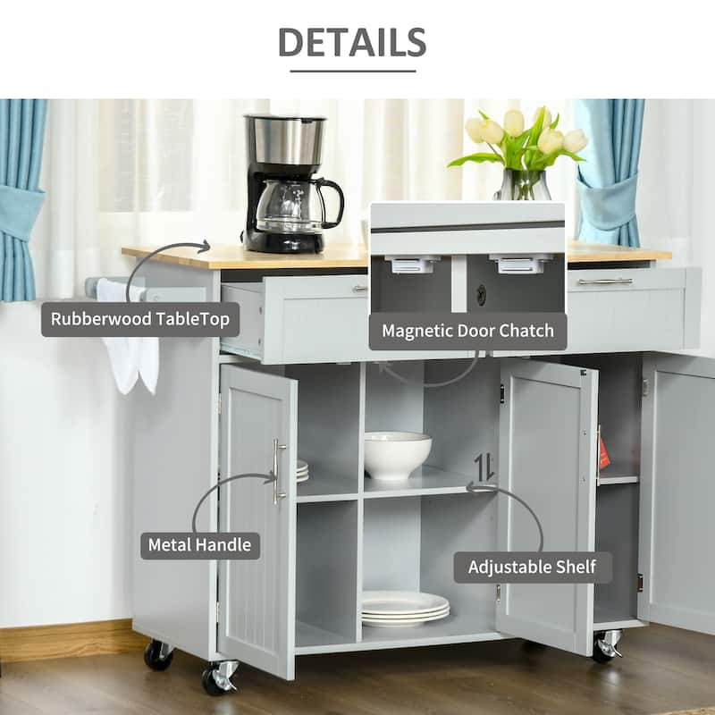 HOMCOM 48" Modern Kitchen Island Cart on Wheels with Storage Drawers, Rolling Utility Cart with Adjustable Shelves, Cabinets