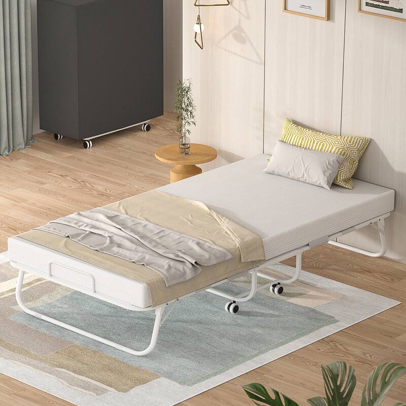 Folding Bed with 5 Inch Memory Foam Mattress, Small Single Bed Extra Guest Bed with Wheel - White