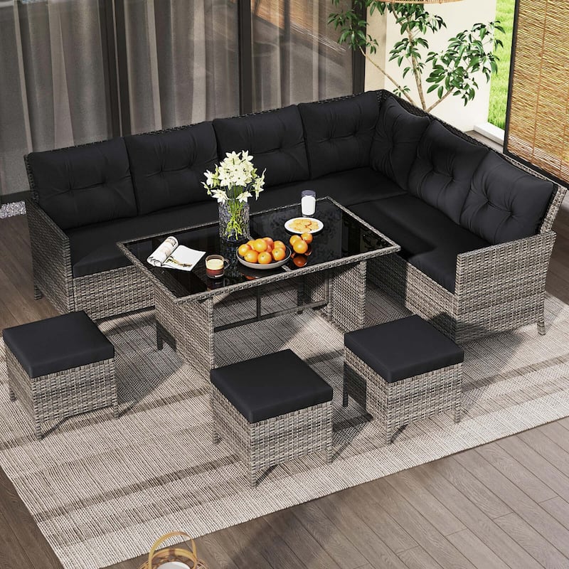 Costway 7 PCS Patio Dining Furniture Set PE Rattan Sectional Sofa Set - See Details - Black