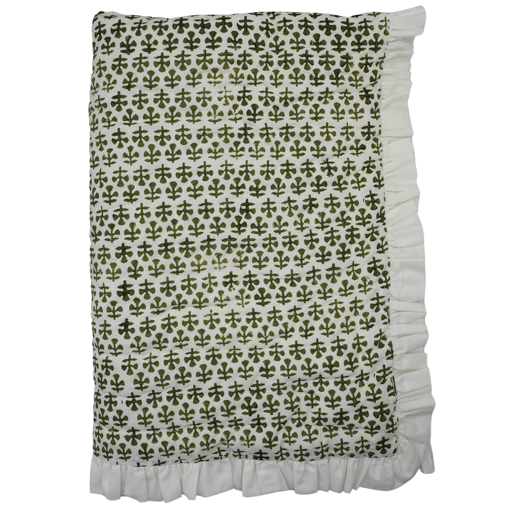 Fabdivine Handmade Cotton Quilt - Green Grey Floral Block Print, Reversible Layering Quilt, Artisan Bedspread, Heritage Textile