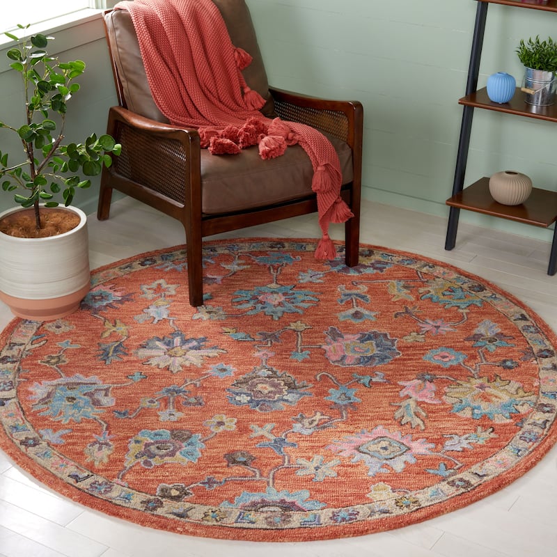 SAFAVIEH Handmade Blossom Lindy French Country Floral Wool Rug - 6' Round - Rust/Blue
