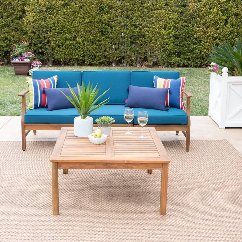 Perla Outdoor Acacia 4-pc. Cushioned Sofa and Table Set by Christopher Knight Home - Teak + Blue Cushion