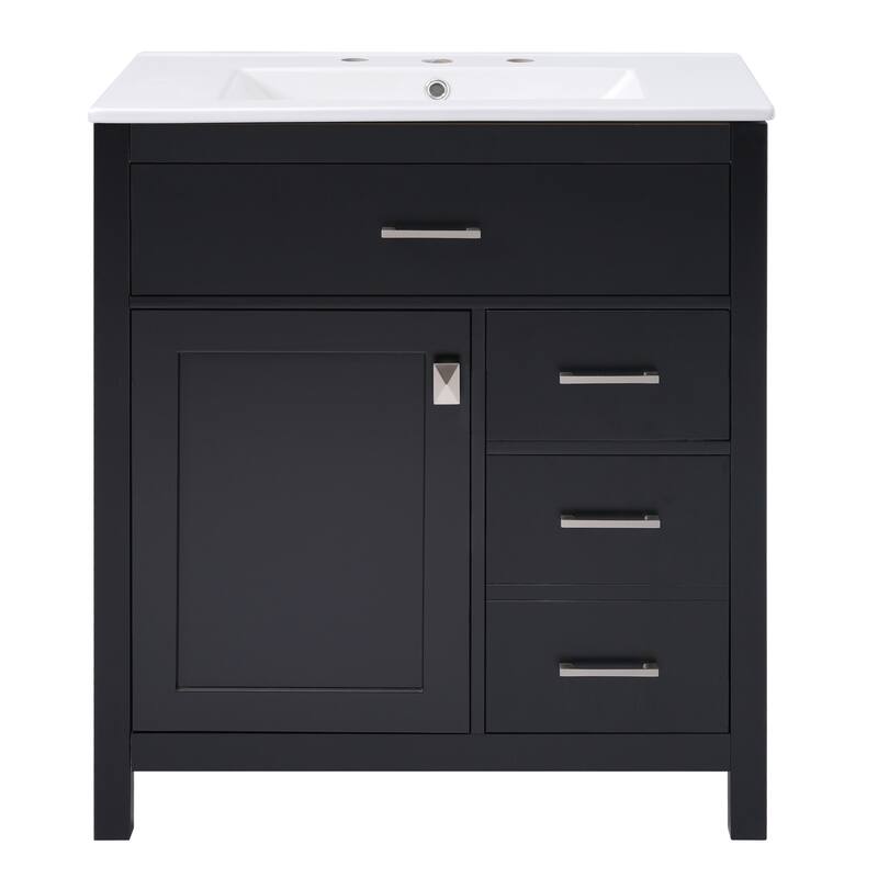 Compact 30-Inch Black Bathroom Vanity with Ceramic Sink, 3 Storage Drawers, Soft-Close Doors, Adjustable Shelf