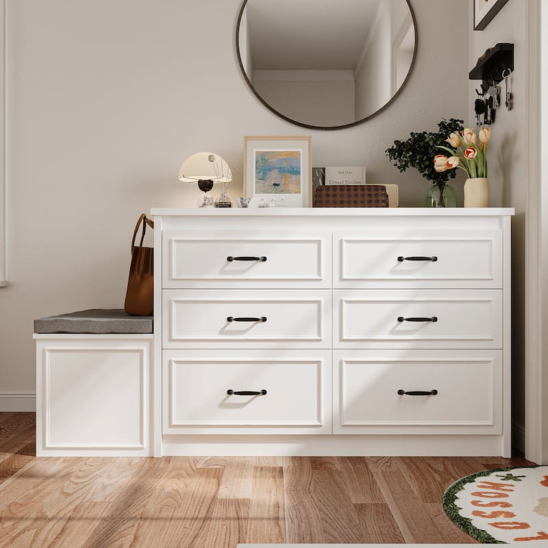 White Dresser with Seat and Storage 6 Drawer Closet Island Cabinet Bedroom Organization Bench