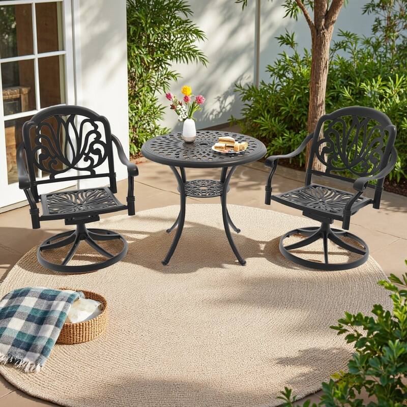 3-Piece Aluminum Round Outdoor Patio Dining Set, 2 Cushioned Swivel Chairs, Table, All-Weather Frames