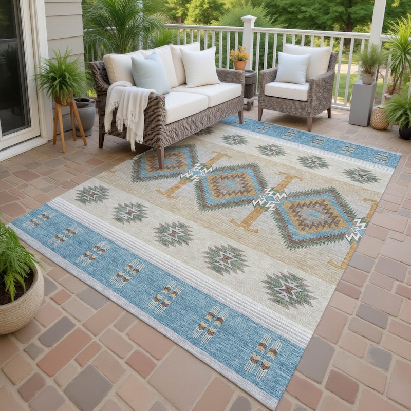 Machine Washable Indoor/ Outdoor Global Chennai Chantille Rug - Teal - 5' x 7'6"