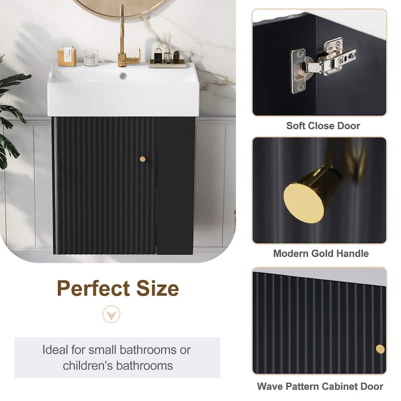 21.6" Modern Floating Bathroom Vanity with Ceramic Sink, Wave-Pattern Door, Rose Gold Handle, Side Storage