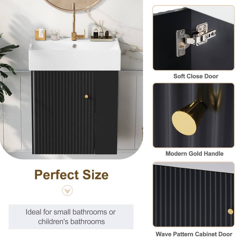 21.6" Floating Bathroom Vanity with Ceramic Basin - Right-Side Storage, Space-Saving for Small Bathrooms