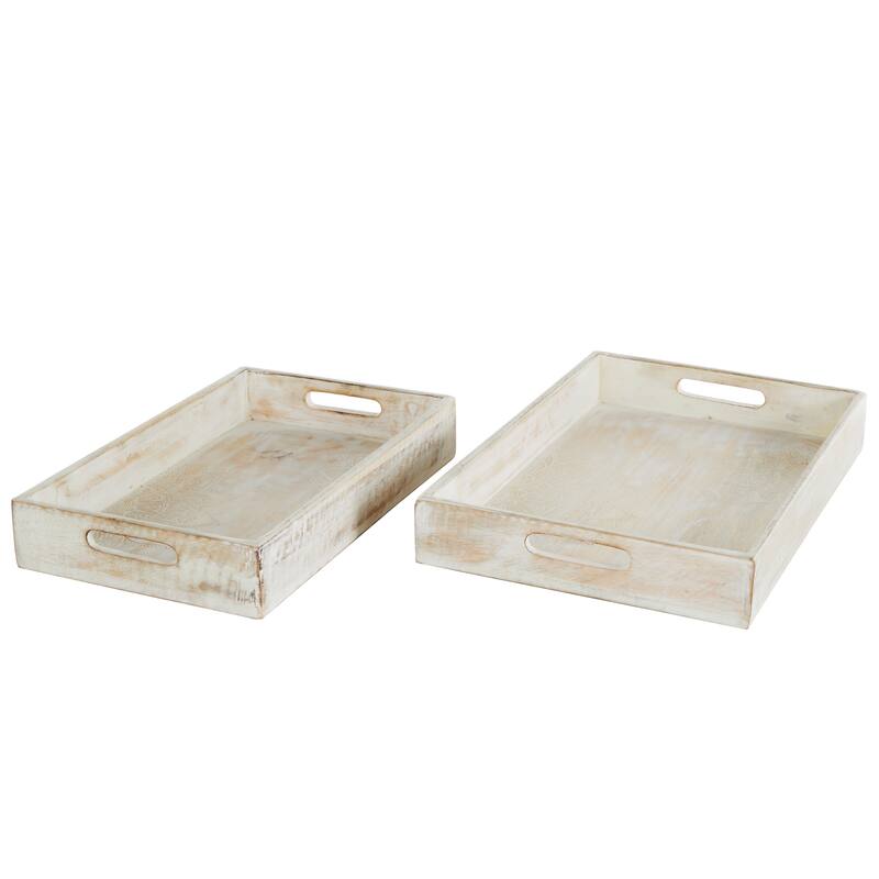 Cream Mango Wood Handmade Whitewashed Living Room Decor Tray with Carved Mandala Interior (Set of 2)