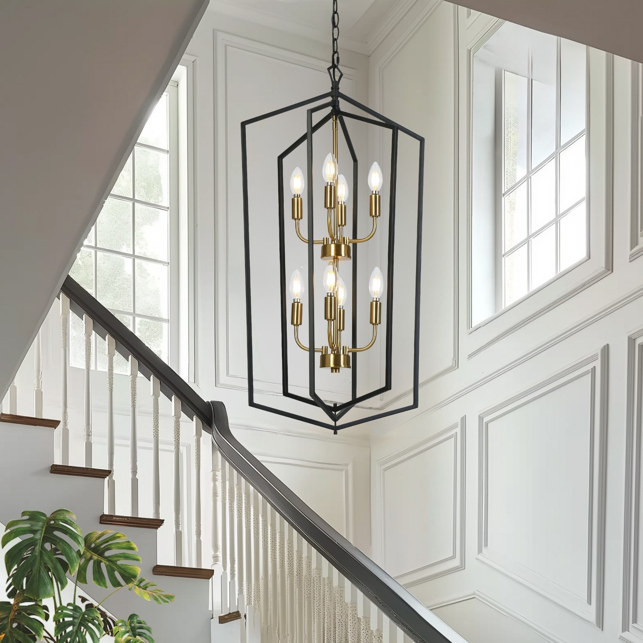 Modern 8-Light Geometric Chandelier Black Copper Lantern Pendant for Kitchen Dining Room - 17.7 " × 14.3 " × 34.3 "