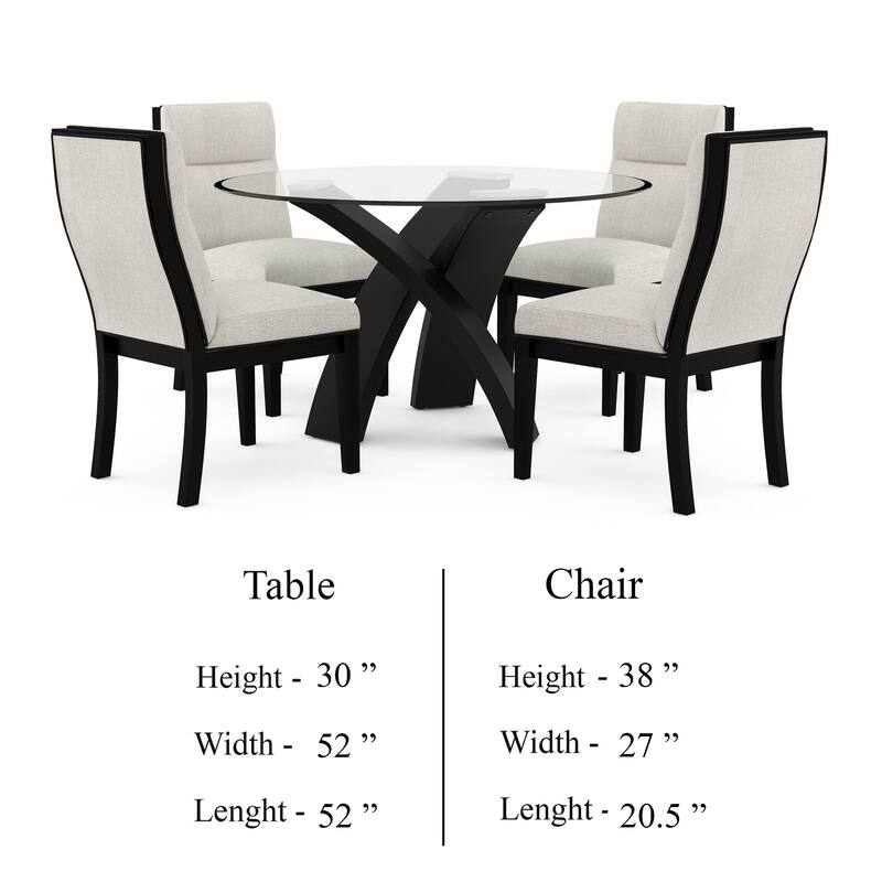 Moi 5pc Dining Table and Chair Set, 52 Inch Round Glass, White Black
