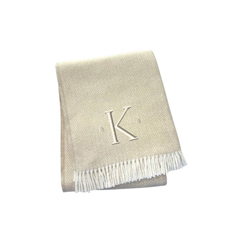 55" X 70" Linen And White Herringbone Cotton Blend S Initial Throw Blanket with Tassels And Embroidery - K