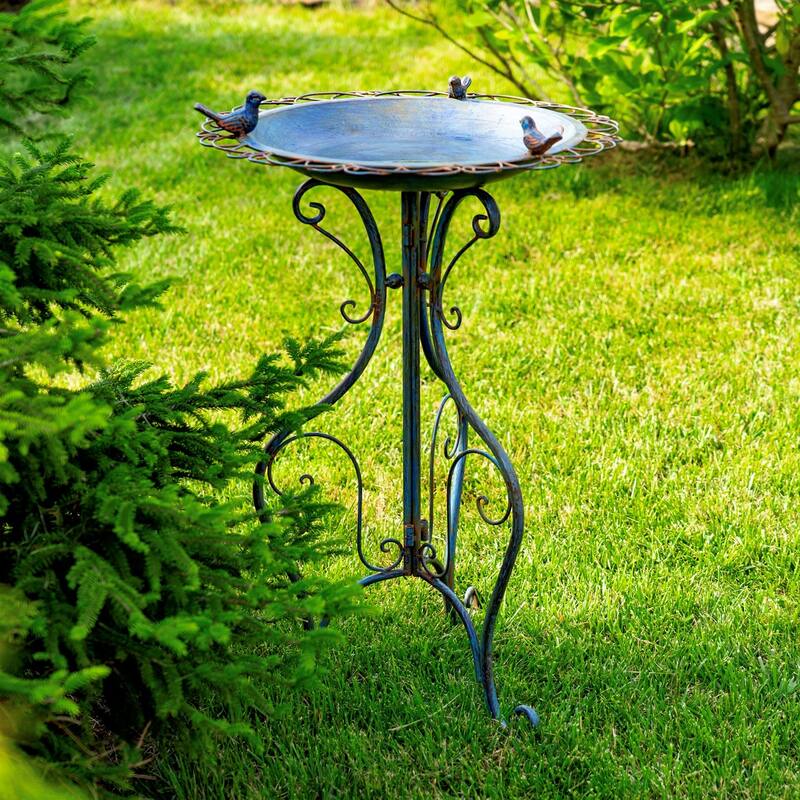 28.75" Tall Ornate Iron Birdbath with 3 Small Birds "Stephania"