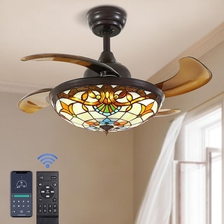 Smart Tiffany Stained Glass Retractable Led Ceiling Fan