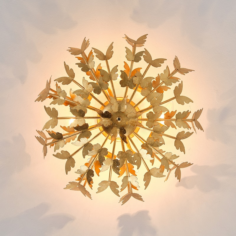 Antique Gold Butterfly Bowl 4-Light Semi Flush Mount Ceiling Light - 17.7"Wx10.4"H