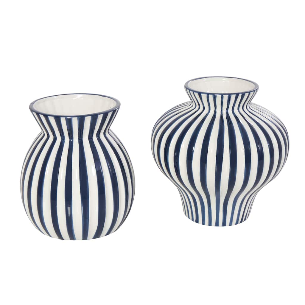 Ceramic Striped Rounded Vase with Varying Shapes - Set of 2 Blue - Roche River Decor - 8"W x 8"L x 8"H