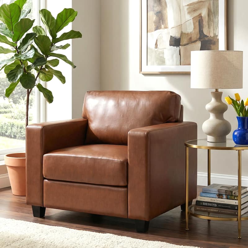 Christopher Knight Home - Harry Modern Upholstered Faux Leather Accent Armchair with Square Arms & High-Density Foam Seat
