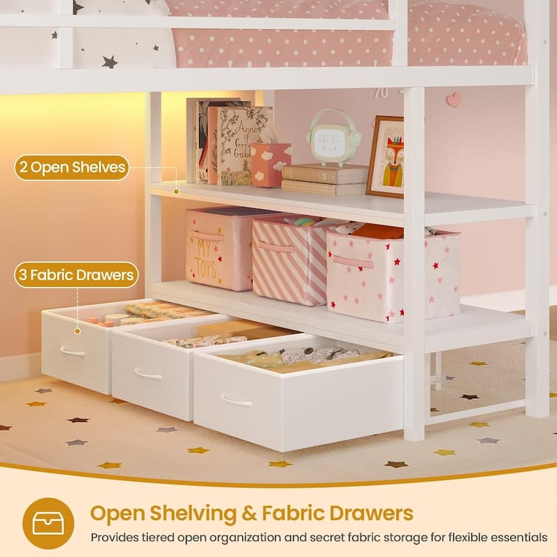 House Low Loft Bed Twin Size 5 Storage Drawers Bookcase LED Lights