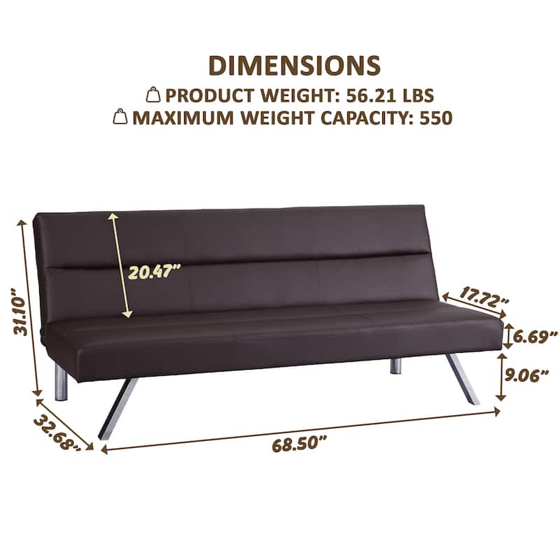 Convertible Faux Leather Futon Sofa Bed - Modern Folding Reclining Couch with Chrome Legs for Small Spaces