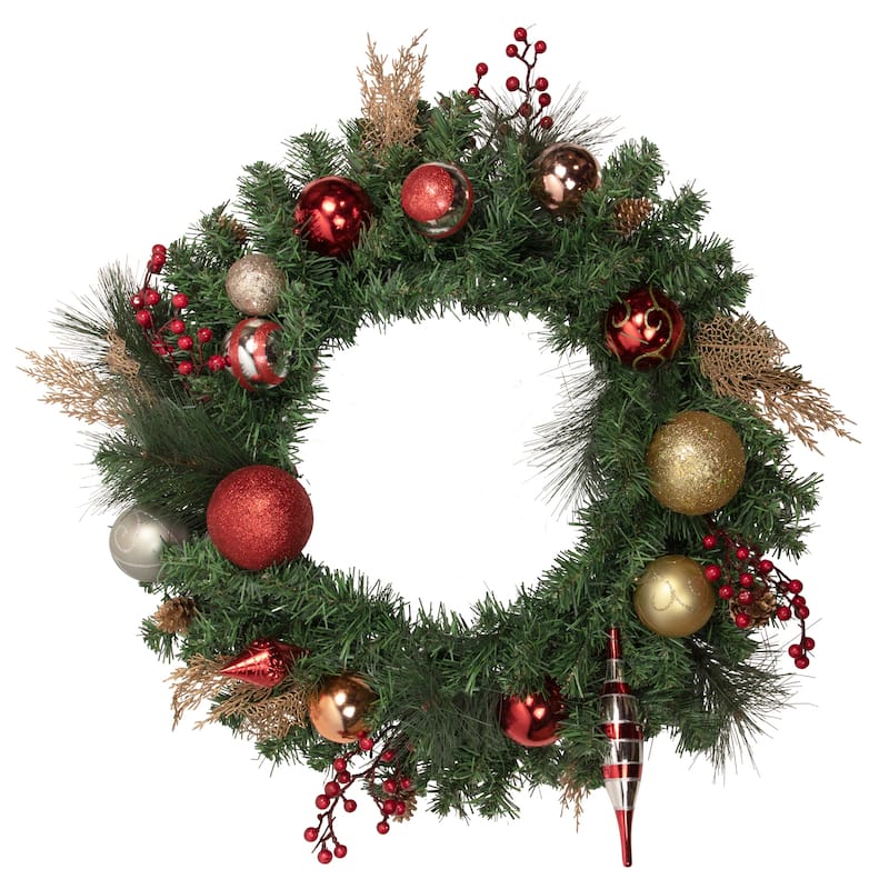 Green Mixed Foliage Ornaments Artificial Christmas Wreath, 30", Unlit