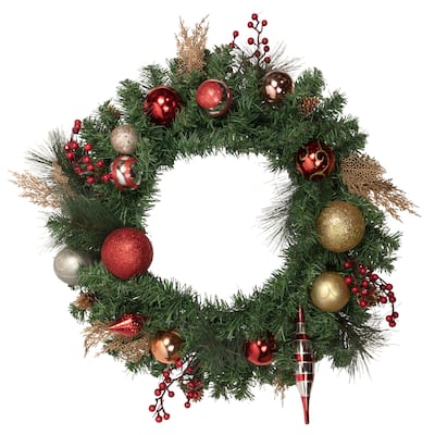 Green Mixed Foliage Ornaments Artificial Christmas Wreath, 30", Unlit