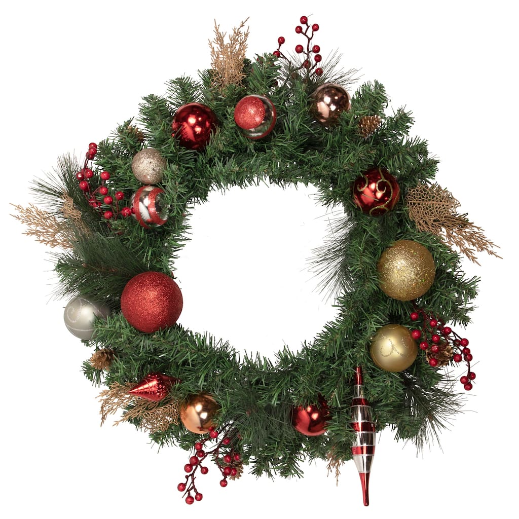 Green Mixed Foliage Ornaments Artificial Christmas Wreath, 30", Unlit