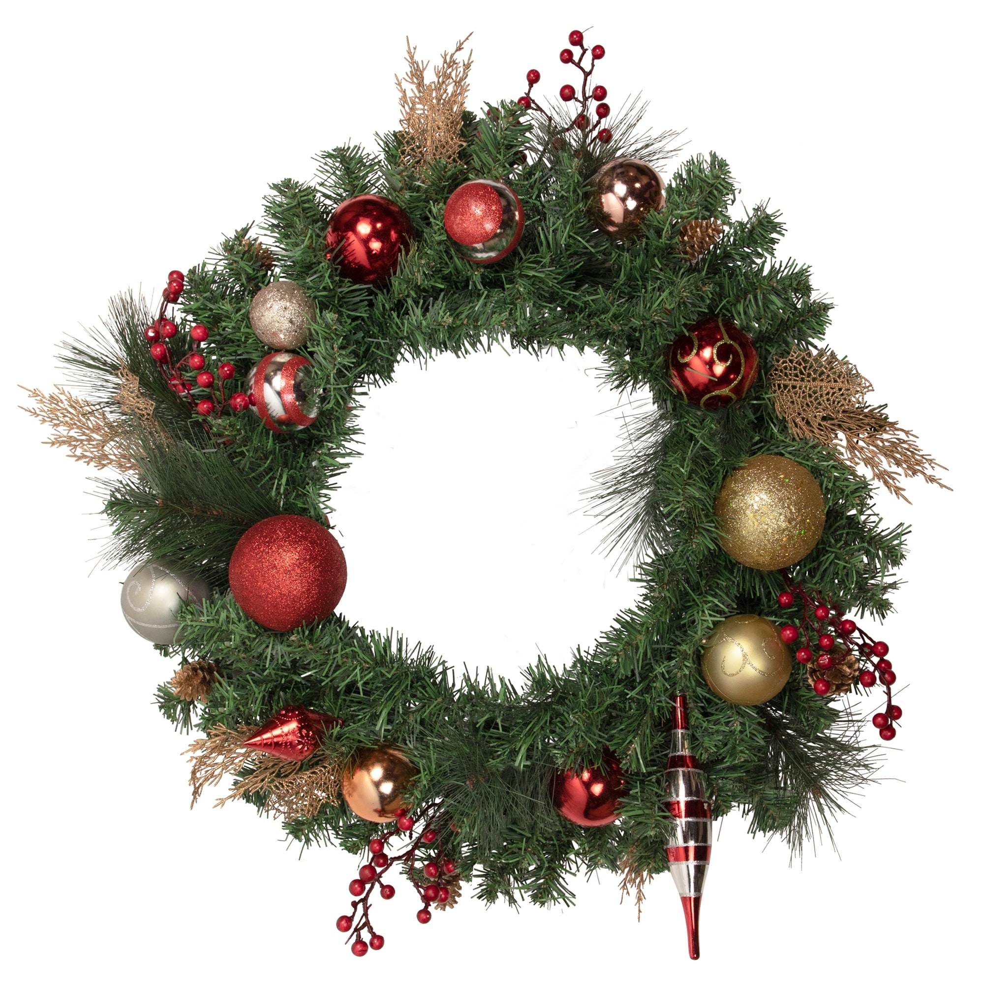 Green Mixed Foliage Ornaments Artificial Christmas Wreath, 30", Unlit