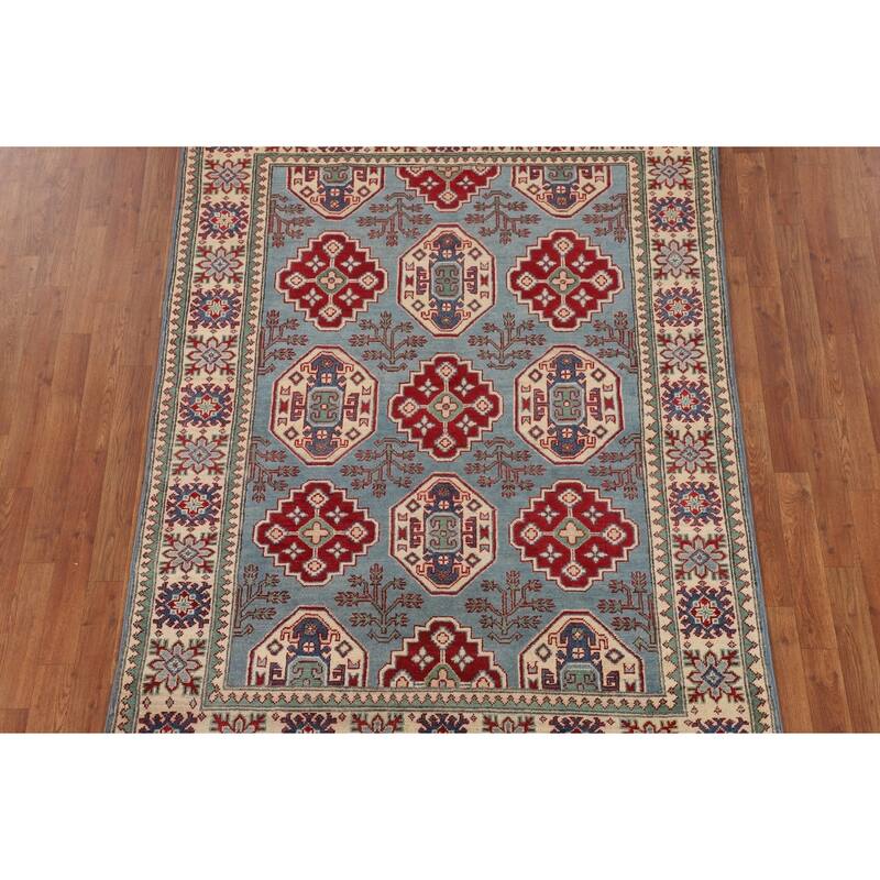 Light Blue Geometric Kazak Rug Hand-Knotted Oriental Wool Carpet - 4'11" x 6'8"