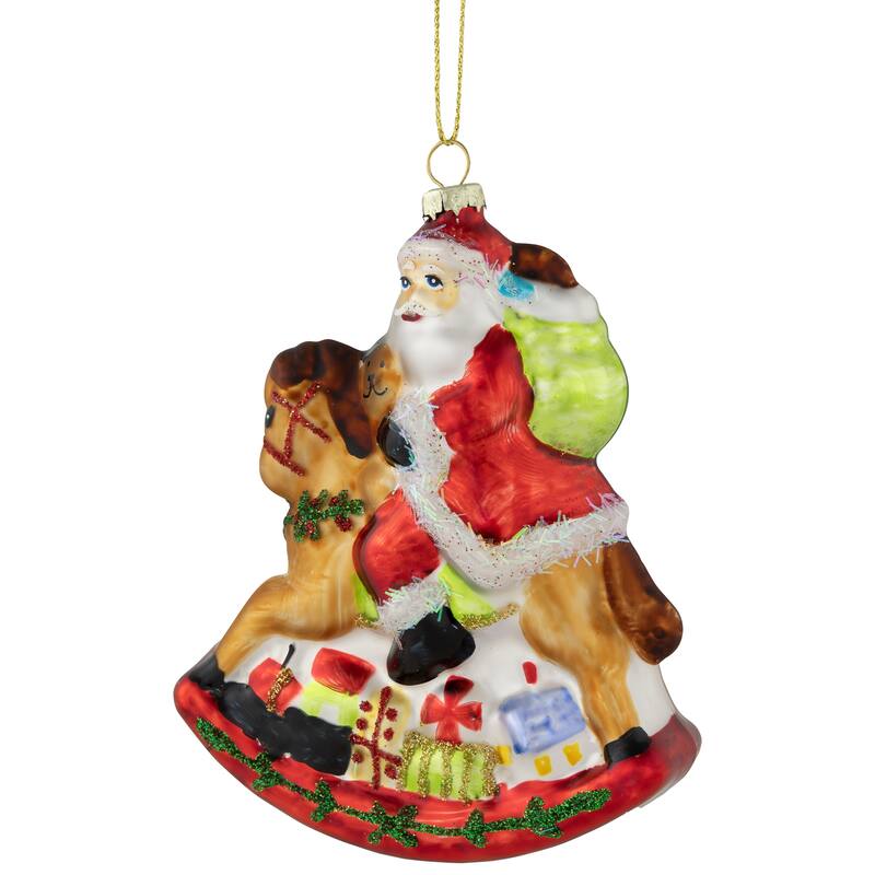 Santa on a Rocking Horse Glittered Glass Christmas Ornament - 4.75" - Red - 4.5"