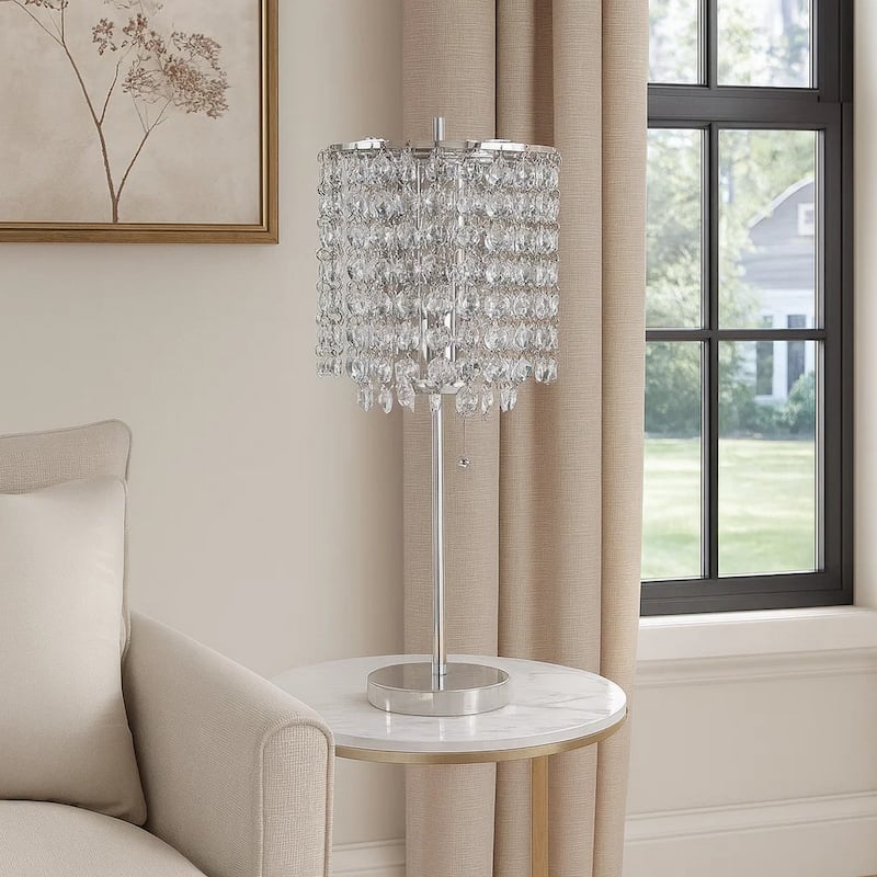 Chandelier Crystal Accented Table Lamp with Tubular Frame, Chrome and Clear