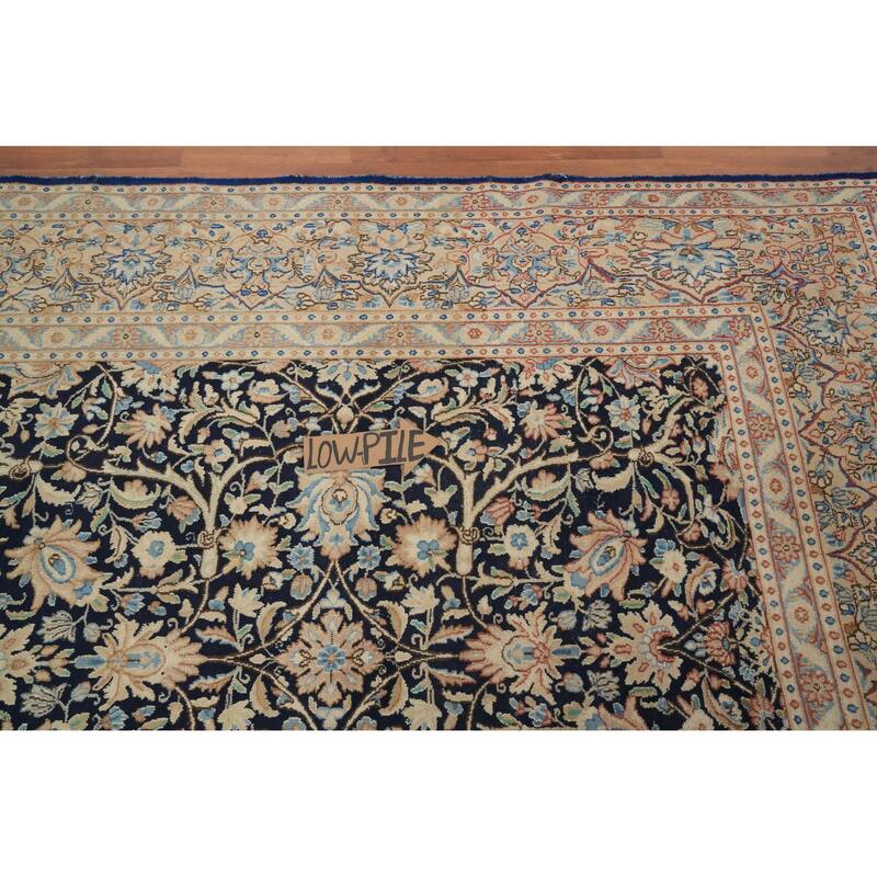 Hand Knotted Oriental 100% Wool Carpet Traditional All-Over Navy Blue & Blues Kerman Area Rug - 13' 0'' X 9' 7''