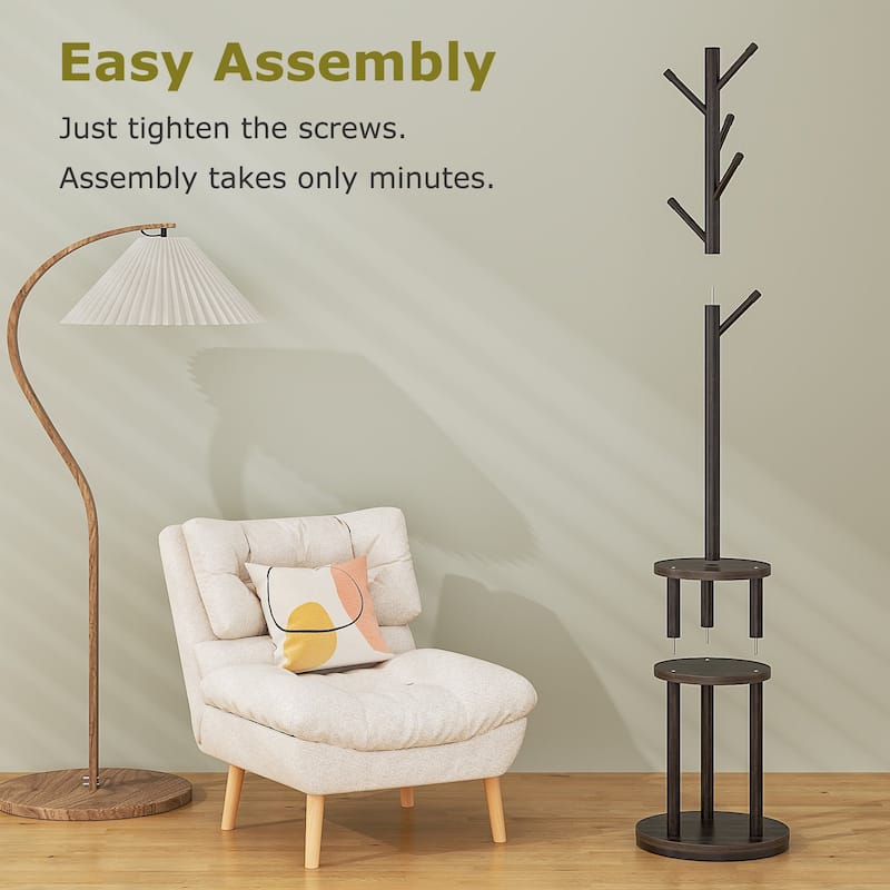 VECELO Modern Freestanding Coat Rack with 6 Branch Hooks Double Shelves, and Shoe Storage for Entryway Living Room Bedroom