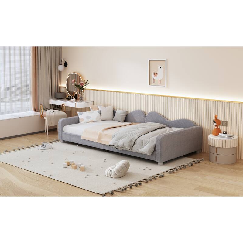 Gray Twin Size Sherpa Fabric Upholstered Daybed with Cloud-Shaped Backrest for Bedroom