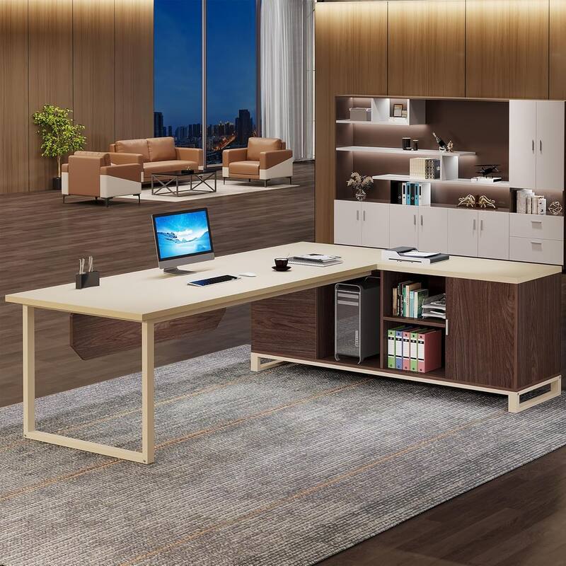 70.8" L-Shaped Executive Desk with 55" File Cabinet, Large Computer Desk with Storage Shelves/Cabinet for Home Office
