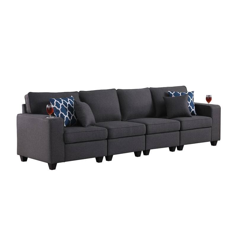 Linen Upholstered 4-Seater Sofa with 2 Cupholders in Dark Gray