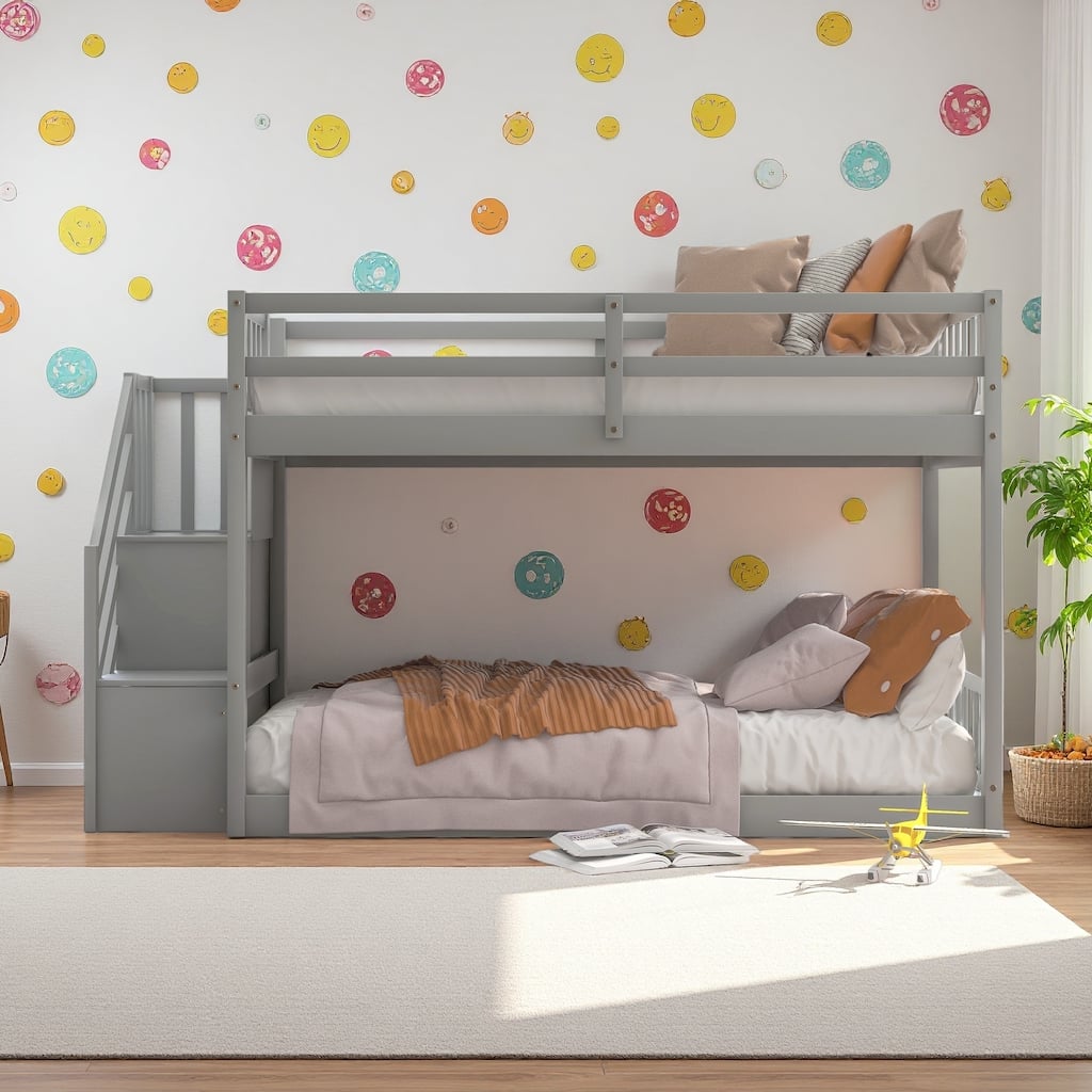 Twin over Twin Pine Floor Bunk Bed with Storage Ladder