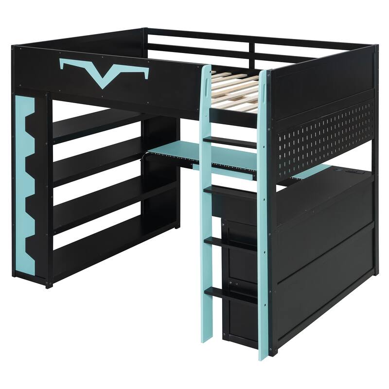 Full Size Gaming Loft Bed with Desk & RGB LED Lights, Pro-Gamer Setup with Pegboard, Keyboard Tray & Storage