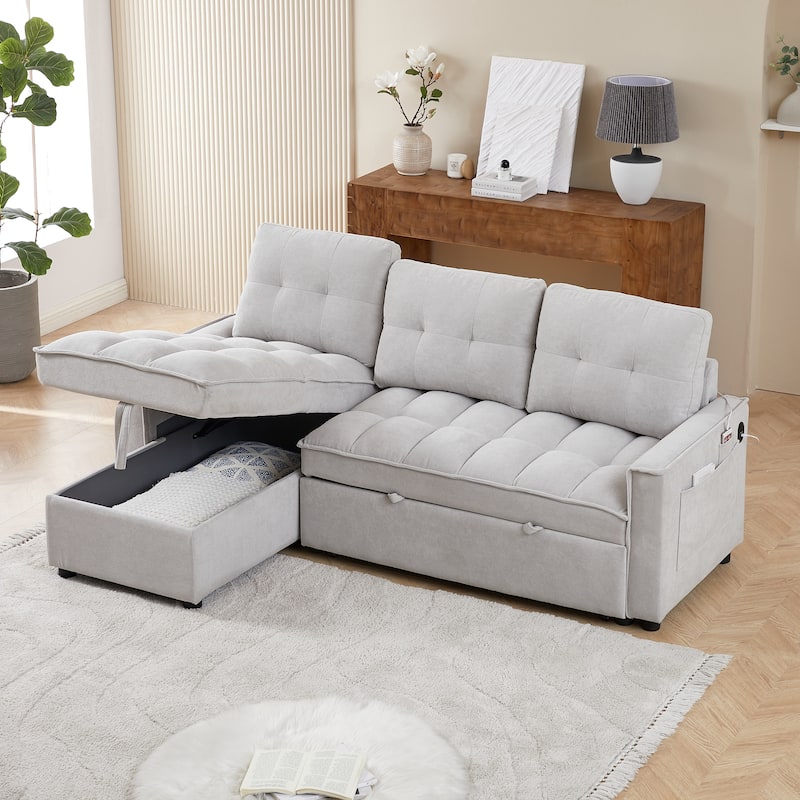 78.75" Reclining Pull-Out L-Shaped Sectional Sofa with USB, Storage, Pocket, LIGHT GREY Chenille
