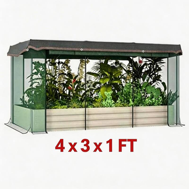 4 x 3 x 1 FT Galvanized Rectangular Raised Garden Bed with Insect Screen and Built-In Irrigation System Silver - Off-White
