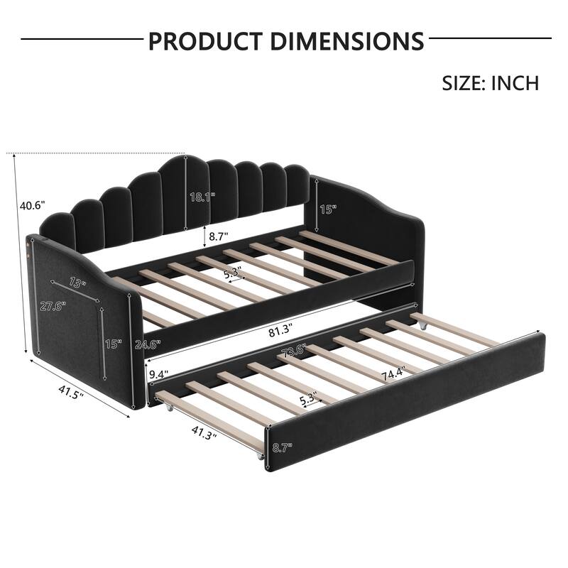 Twin size Velvet Daybed Wingback Daybed for Apartment with Retractable Trundle & USB Charging Ports, Wood Slat Support