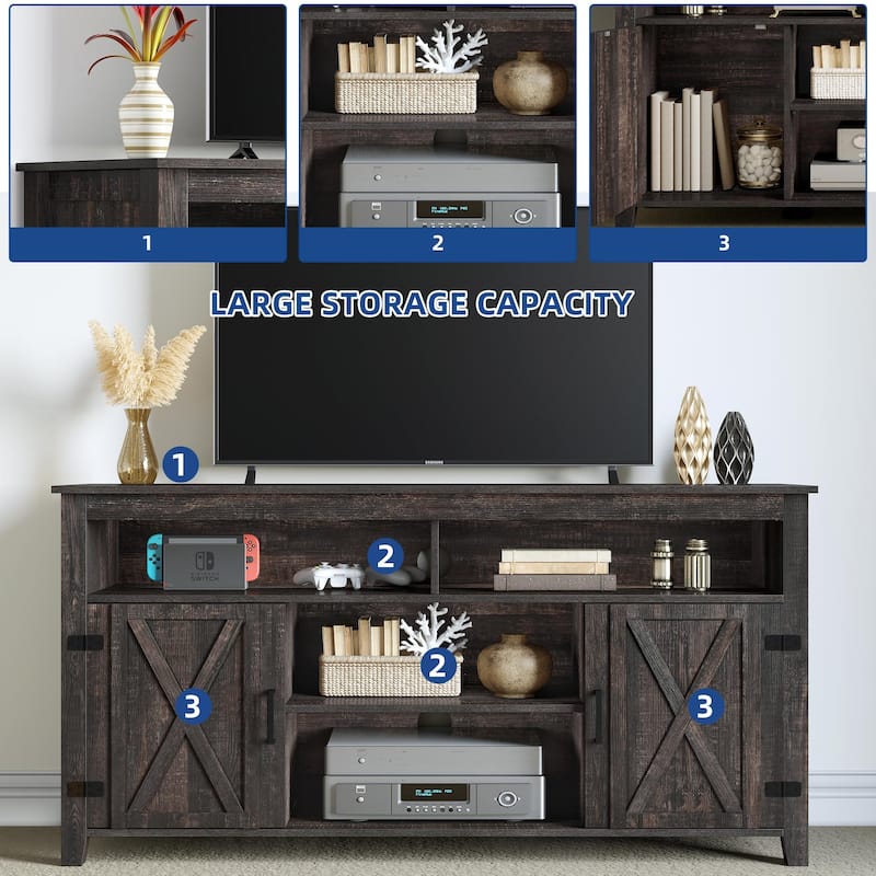 Moasis Farmhouse Barn Door Wood TV Stand with Power Outlet, Entertainment Center with Shelves for TV up to 65"