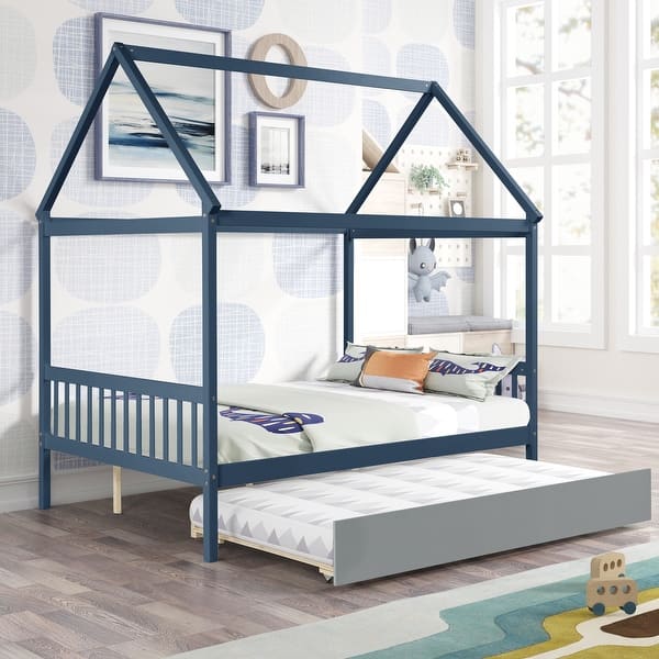 slide 2 of 27, Full Size Wood House Bed with Trundle, Roof and Fence for Kids, Boys and Girls Blue