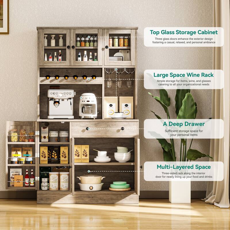 Moasis 71''H Kitchen Pantry Storage Cabinet with Power Outlet Tall Cabinet with Doors Shelves & Drawer Buffet Cabinet