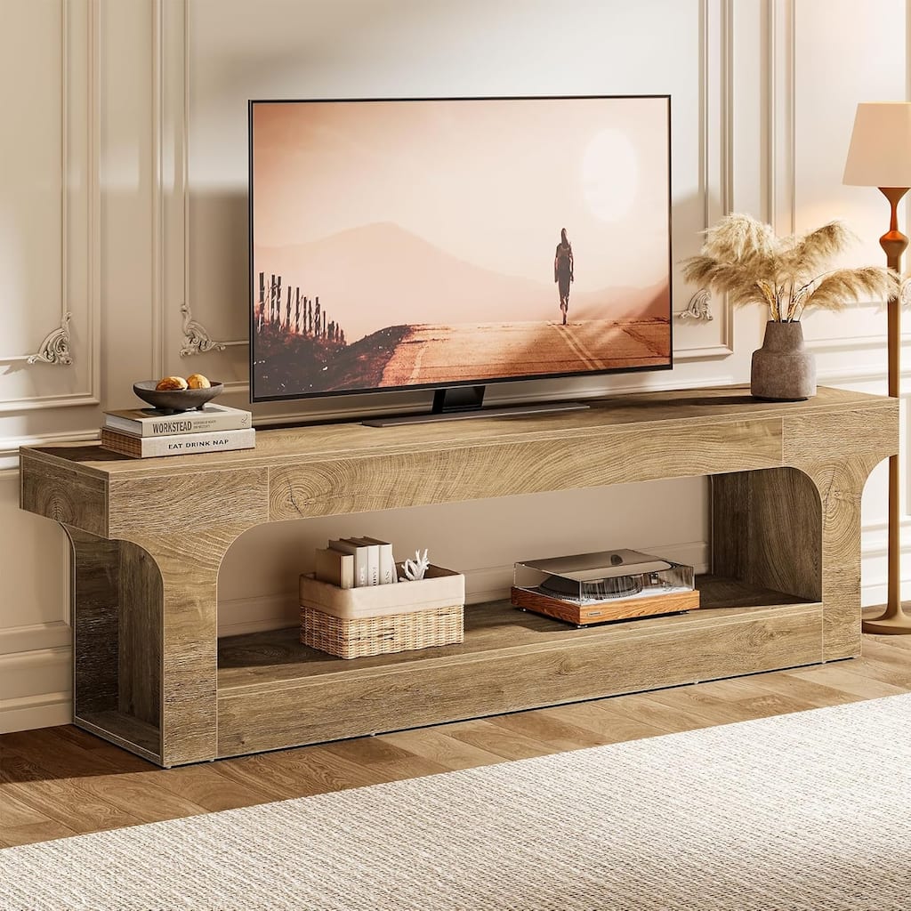 Farmhouse 63-Inch TV Stand with 2-Tier Open Storage Shelves for 55/60/65/75-Inch TVs