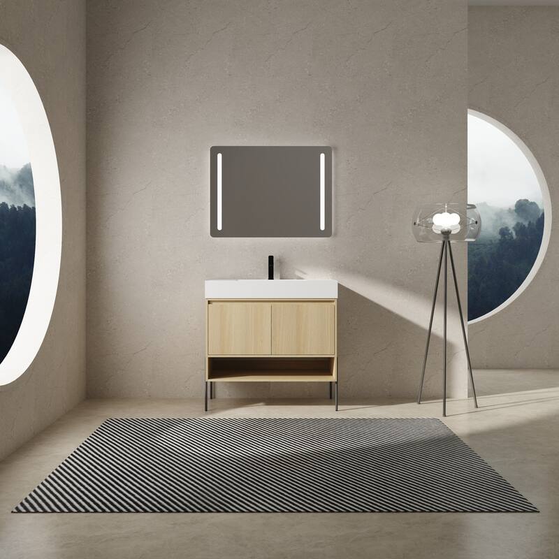 47-Inch Resin Bathroom Vanity with Multi-Layer Solid Wood Frame, Stylish Tripod Design - 35.43in L Engineered Wood - Oak
