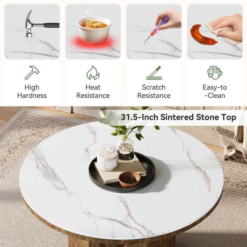 Round Coffee Table with Sintered Stone Top and Solid Wood Base