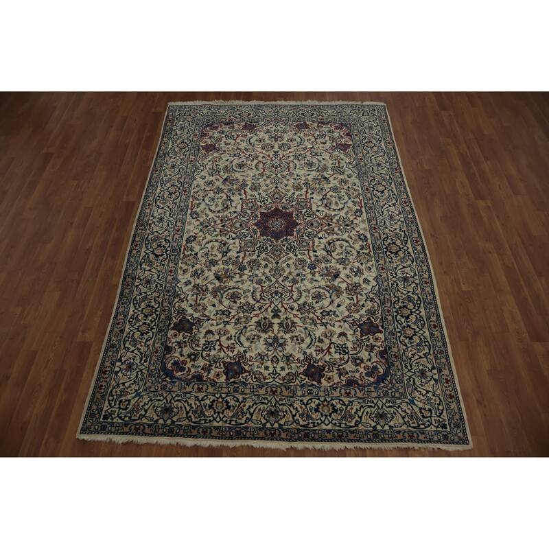 Hand Knotted Oriental Wool & Silk Carpet Traditional Floral Beige & Ivories Nain Area Rug - 8' 5'' X 5' 6''